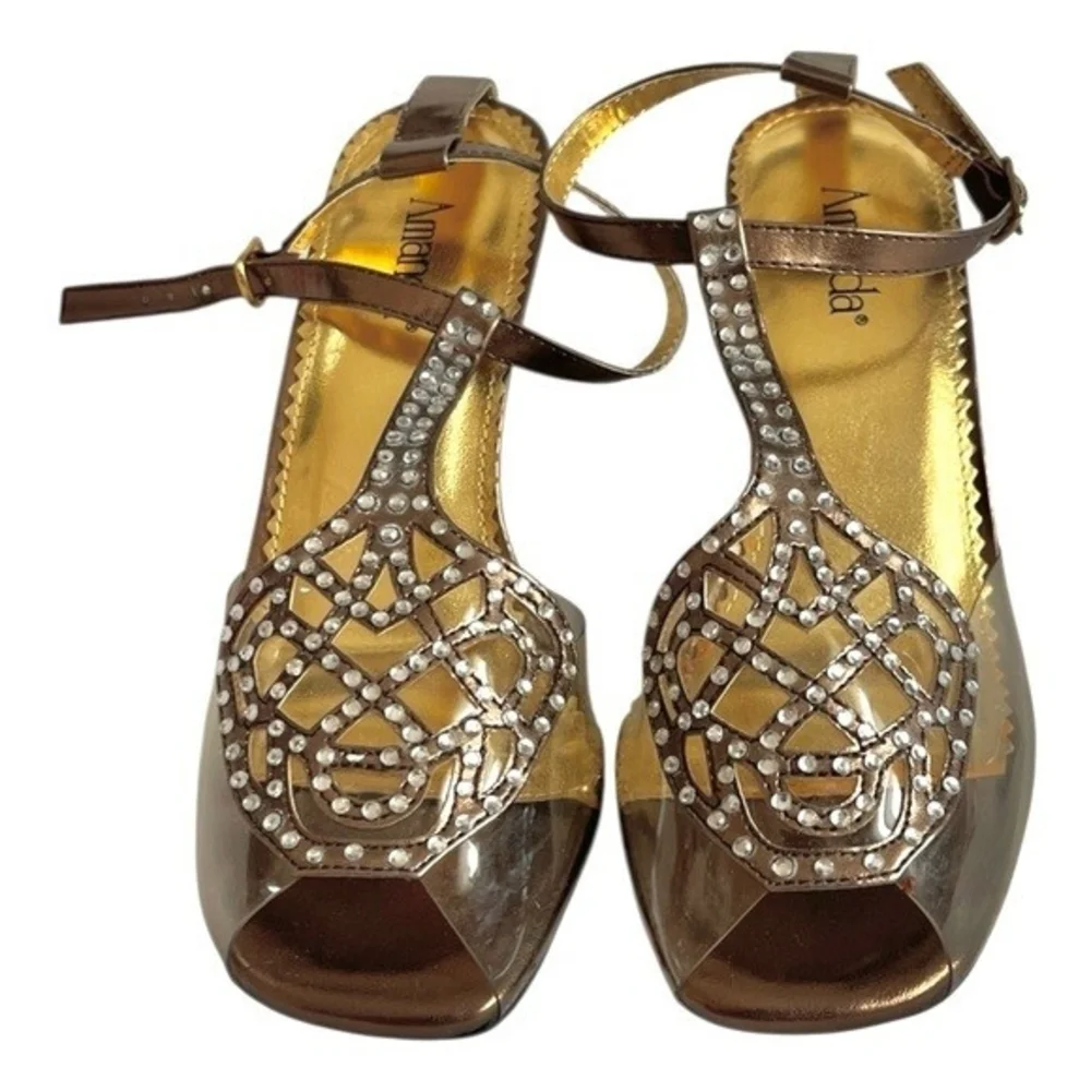 AMANDA Martini Metallic Gold Rhinestone Clear Heel Sandals Women’s 36 5.5 NIB